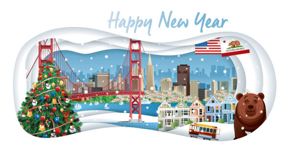 新年あけましておめでとうございます、サンフランシスコ - san francisco county san francisco bay area house painted ladies点のイラスト素材／クリップアート素材／マンガ素材／アイコン素材