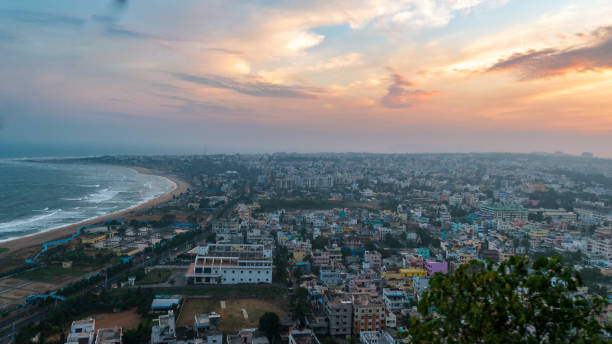 Vizag Hilltop View of Visakhapatnam/ Vizag city with moody sky from Kailasagiri park Rope way. bay of bengal stock pictures, royalty-free photos & images