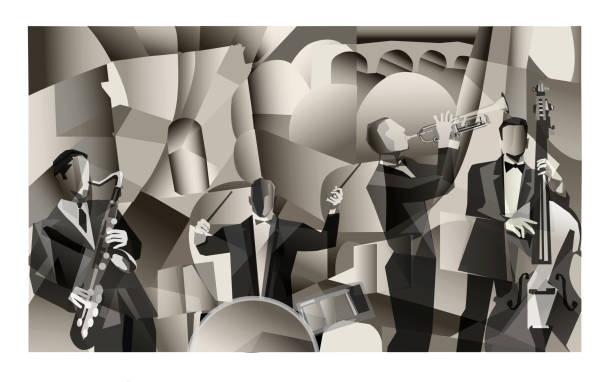 ilustrações, clipart, desenhos animados e ícones de banda de jazz em paris - trumpet jazz music musical instrument