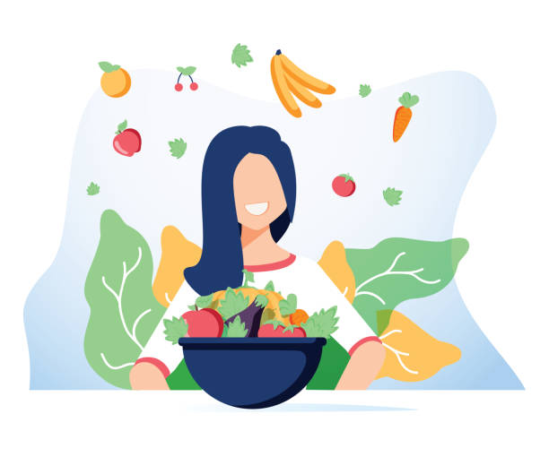 istock Vegetarianism and dieting concept banner for mobile app or advertising blog. Vector illustration of young woman eating 1072179264