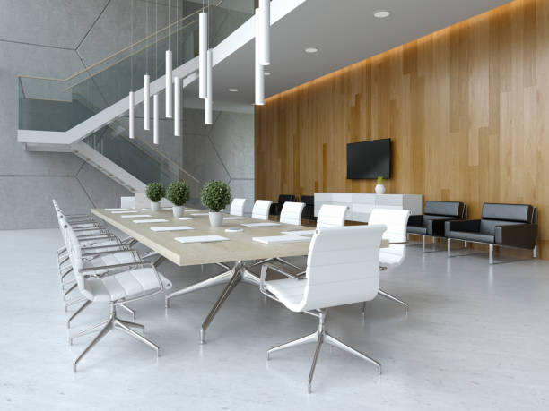 interior of reception and meeting room 3d illustration - concret imagens e fotografias de stock