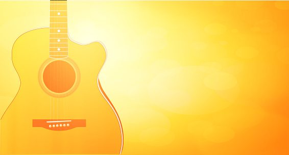 Vector Backtound with warm orange color and Acoustic Guitar. Horizontall wallpaper of sunshine and glow.