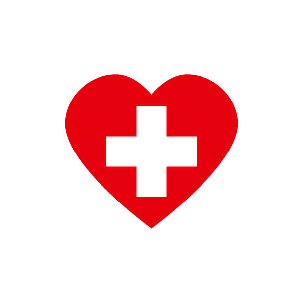 ilustraciones, imágenes clip art, dibujos animados e iconos de stock de corazón rojo con cruz blanca. símbolo de hospital - cruzar