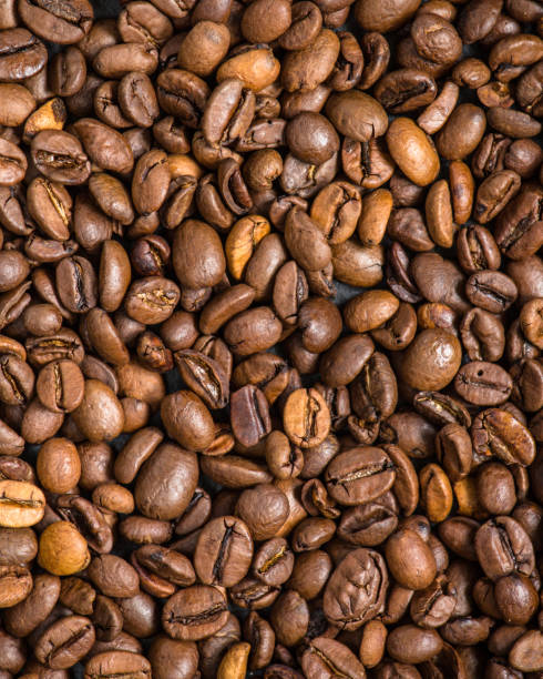istock coffee beans (good and bad grain) - arabica and robusta blend (roasted coffee grain). Black background. Top view . Copy space. 1072180284