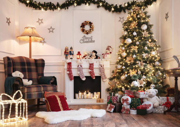 Empty bright christmas room Empty bright christmas room with copy space christmas christmas decoration christmas tree tree stock pictures, royalty-free photos & images