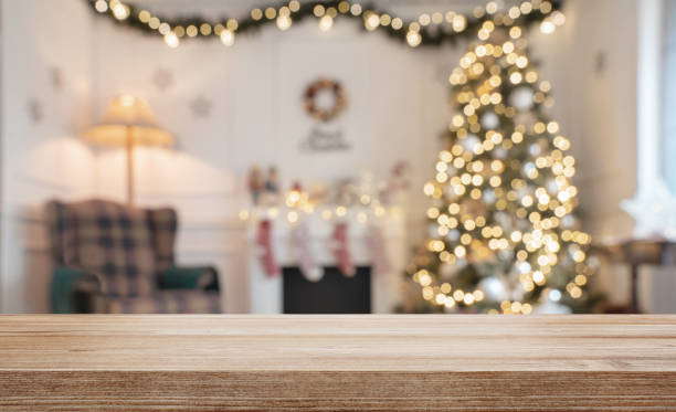 多重クリスマス背景に空の木製テーブル - christmas tree decoration ストックフォトと画像