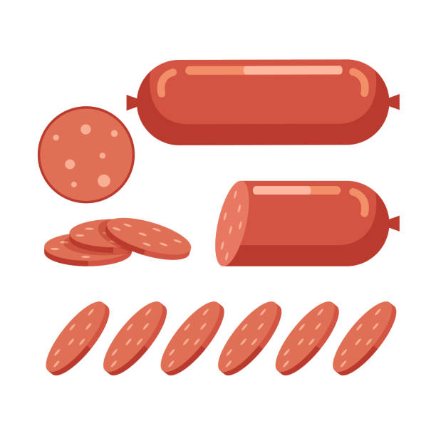 pokroić plasterki kiełbasy kawałek. koncepcja świeżego mięsa. wektor płaski rysunek projekt ilustracji graficznej ikona - meat steak sausage salami stock illustrations