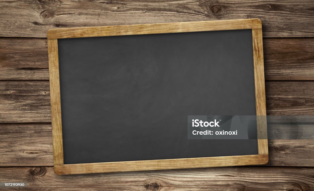 blank slate blackboard and wooden background Blank slate blackboard and wooden background. Chalkboard - Visual Aid Stock Photo