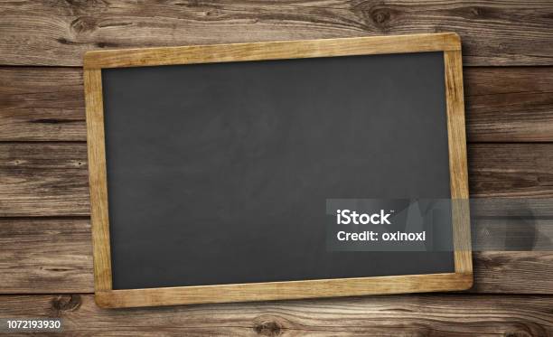 Blank Slate Blackboard And Wooden Background Stock Photo - Download Image Now - Chalkboard - Visual Aid, Slate - Rock, Blank