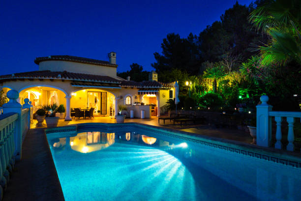 istock House and pool at night. 1072194126