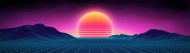 istock Retro background futuristic landscape 1980s style. Digital retro landscape cyber surface. 80s party background . Retro 80s fashion Sci-Fi Background Summer Landscape. 1072198736