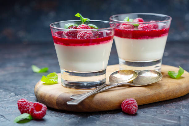 istock Panna cotta with berry sauce, raspberries and fresh mint. 1072200332
