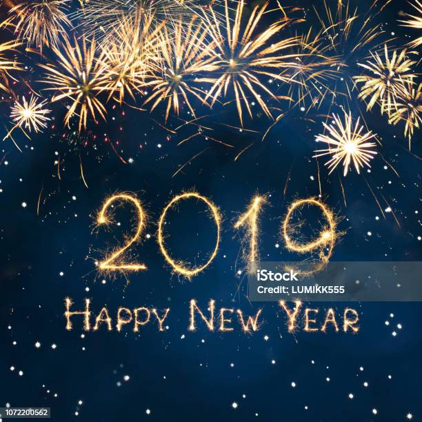 Photo libre de droit de Carte De Voeux Happy New Year 2019 banque d'images et plus d'images libres de droit de Abstrait - Abstrait, Cercle, Feu d'artifice