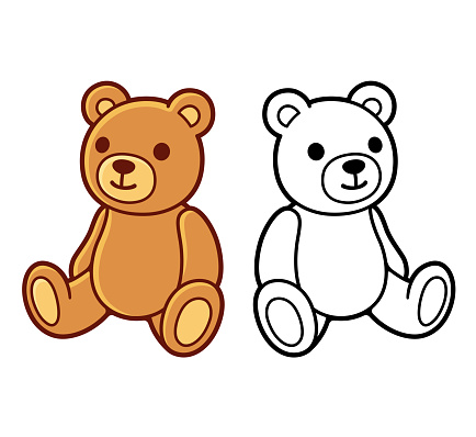 Toy teddy bear, black and white line art and colored drawing. Cute cartoon vector illustration.