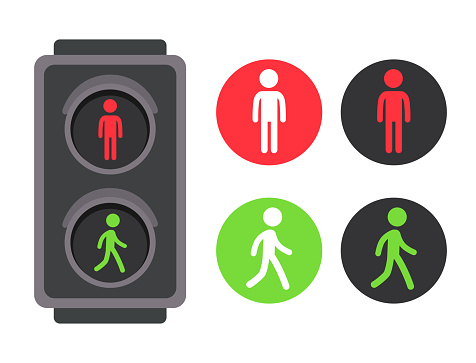 Pedestrian traffic light with red and green man icon set. Vector illustration, simple flat cartoon symbols.