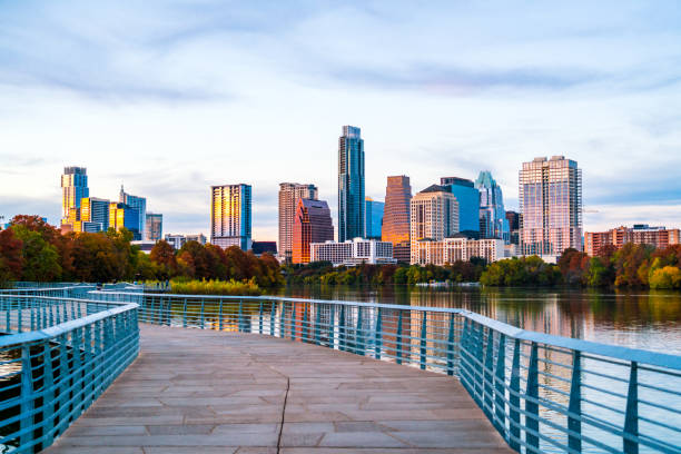 istock water reflection Austin Texas downtown background screensaver modern pedestrian bridge 1072215226