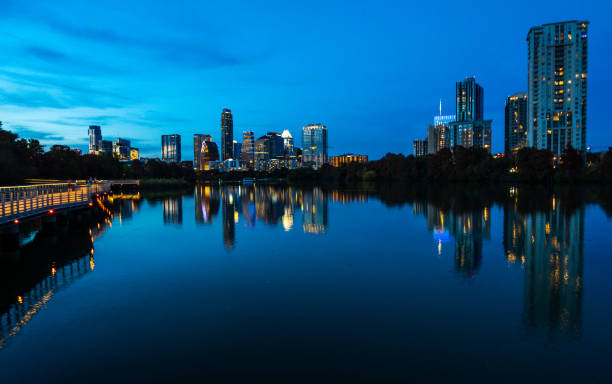 istock Blue hour in Austin Texas - a Nightscape mirrored reflection off Lady Bird Lake 1072215322