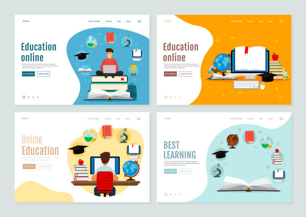 Set of landing page template for online education and e-learning. Vector modern illustration. Flat design. EPS 10. Set of landing page template for online education and e-learning. e learning stock illustrations