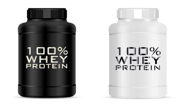 Sports nutrition jar set vector illustration. Round Protein bottles with faceted lid. black and white cans isolated on background. Big sports nutrition jar set vector illustration. Protein bottles with faceted lid. black and white cans isolated on background. protein powder bottle stock illustrations