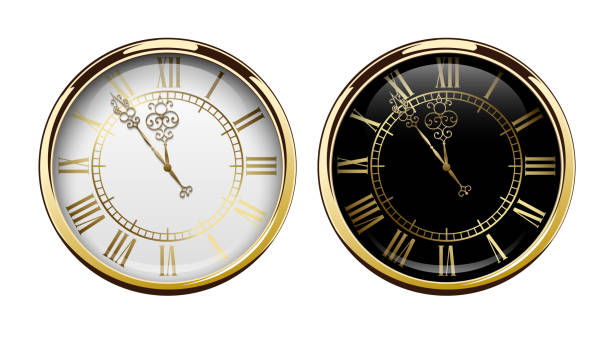 istock Vintage luxury golden wall clock with roman numbers isolated on white background. Realistic black and white round clock-face dial. Glossy gold frame ring. Time scale under glass. Vector icon 1072232900
