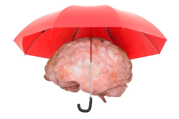 istock Human Brain under umbrella, protect concept. 3D rendering isolated on white background 1072238616