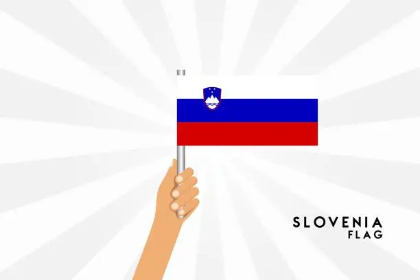 Vector illustration of Vector cartoon illustration of human hands hold Slovenia flag. Isolated object on white background.