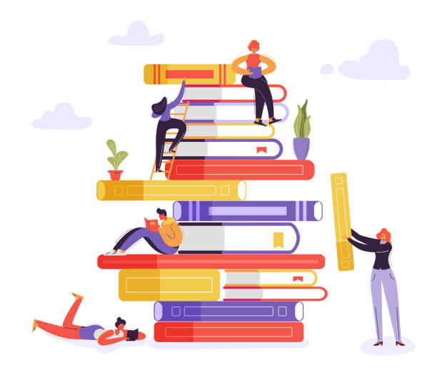 ilustrações de stock, clip art, desenhos animados e ícones de book library educational concept. characters reading books. young readers man and woman learning, studying and education. vector illustration - bookstore book store stack