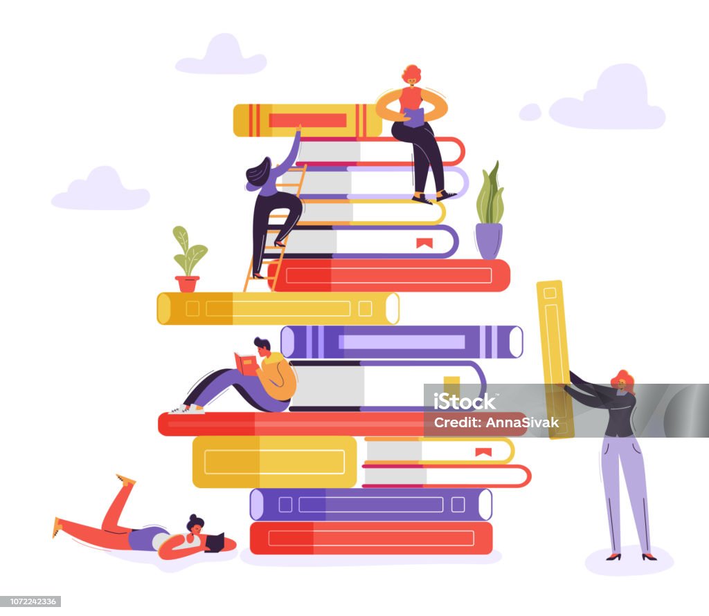 Book Library Educational Concept. Characters Reading Books. Young Readers Man and Woman Learning, Studying and Education. Vector illustration Book stock vector