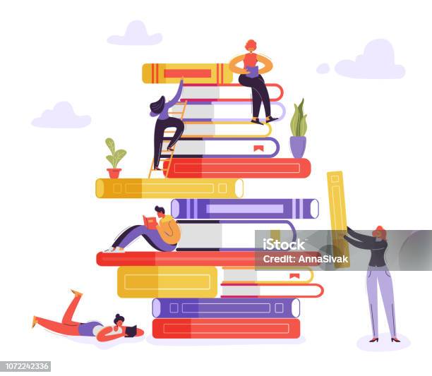 Book Library Educational Concept Characters Reading Books Young Readers Man And Woman Learning Studying And Education Vector Illustration Stock Illustration - Download Image Now