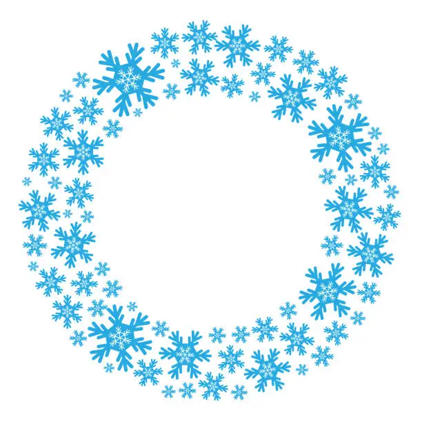 Vector illustration of Round frame with blue and white snowflakes for winter holiday. Vector illustration