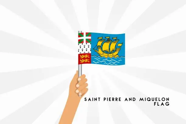 Vector illustration of Vector cartoon illustration of human hands hold Saint pierre and Miquelon  flag. Isolated object on white background.