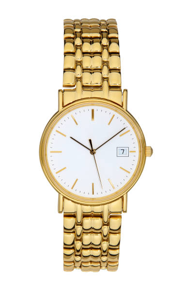 reloj de pulsera de oro aislado en blanco - gold watch fotografías e imágenes de stock