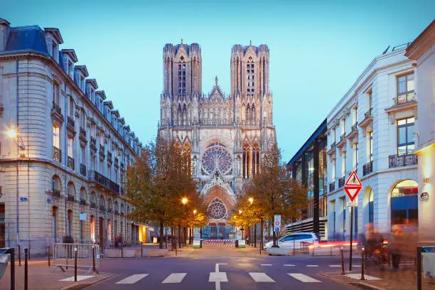 Cathedral of Our Lady of Reims (Notre-Dame de Reims) by twilight
