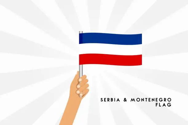 Vector illustration of Vector cartoon illustration of human hands hold Serbia & Montenegro flag. Isolated object on white background.