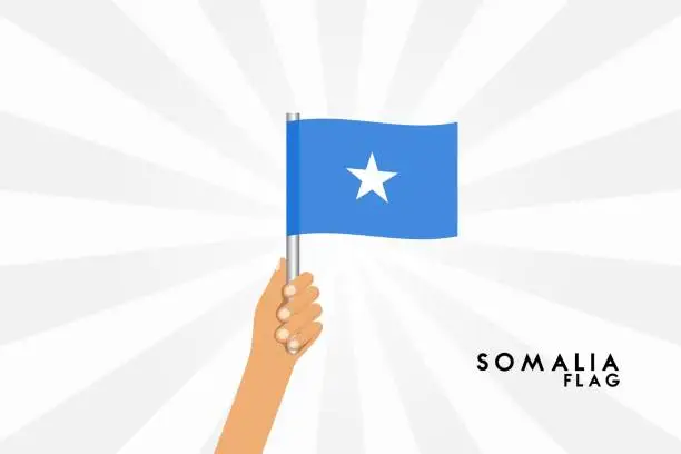Vector illustration of Vector cartoon illustration of human hands hold Somalia flag. Isolated object on white background.