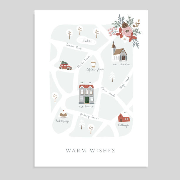 Cute Christmas greeting card, invitation with map of town. Hand drawn streets, church, houses and car. Winter design. Vector illustration background. Cute Christmas greeting card, invitation with map of town. Hand drawn streets, church, houses and car. Winter design. Vector illustration background. snow road stock illustrations