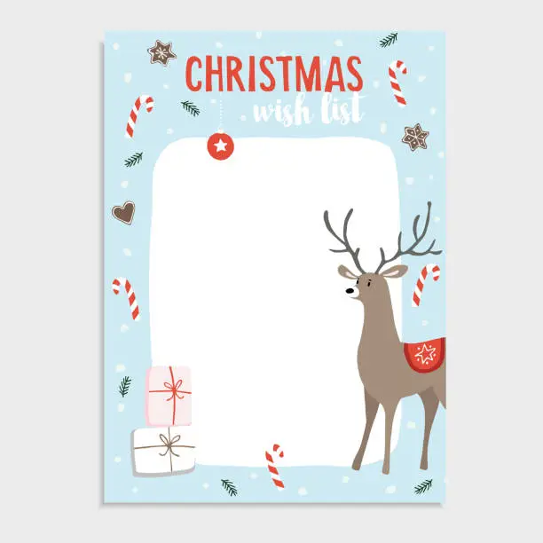 Vector illustration of Cute Christmas greeting card, wish list. Reindeer with candy canes, fir tree branches, gingerbread cookies, gift packages and snow. Hand drawn vector illustration background.