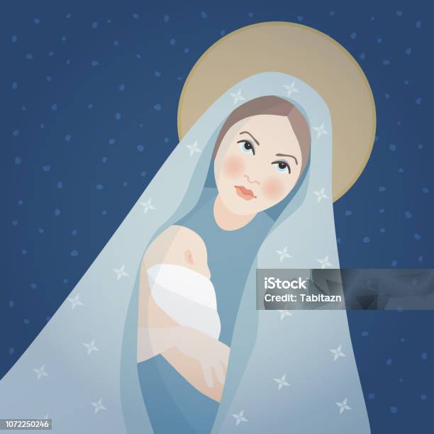 Christmas Greeting Card Invitation Saint Mary And Baby Jesus Christ Mother Holding Her Little Child Biblical Vector Illustrations Background Maternity And Christianity Symbol Nativity Scene Stock Illustration - Download Image Now