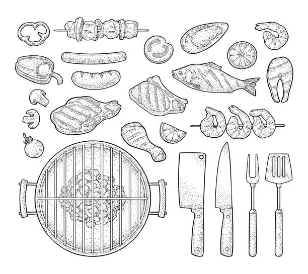 illustrazioni stock, clip art, cartoni animati e icone di tendenza di barbecue grill vista dall'alto carbone, kebab, fungo, pomodoro, pepe, bistecca - grilled shrimp