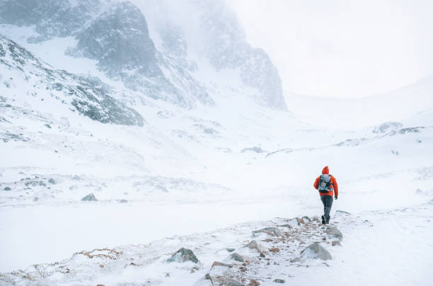 istock Climber walks alone in high mountains at windy snowy weather 1072254790
