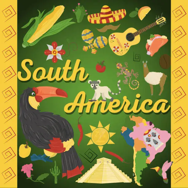 Vector illustration of drawing_2_made in flat style on the theme of South America, animals, buildings, plants, holidays, continent map, food design elements tourism travel, sticker design for printing and decoration