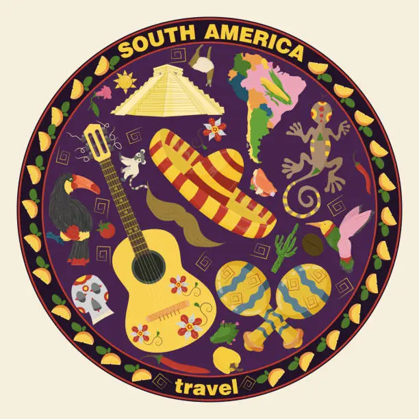 Vector illustration of drawing_10_made in flat style on the theme of South America, animals, buildings, plants, holidays, continent map, food design elements tourism travel, sticker design for printing and decoration