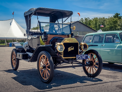 Owls Head, Maine - July 14, 2013: 1914 Model T Ford waiting to be sold at Annual Owls Head Car Auction in Owls Head, Maine.