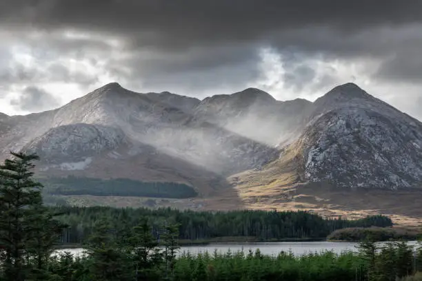 Rain and sunshine over Lough Inagh and the Twelve Bens mountains, Connemara National Park, County Galway, Ireland