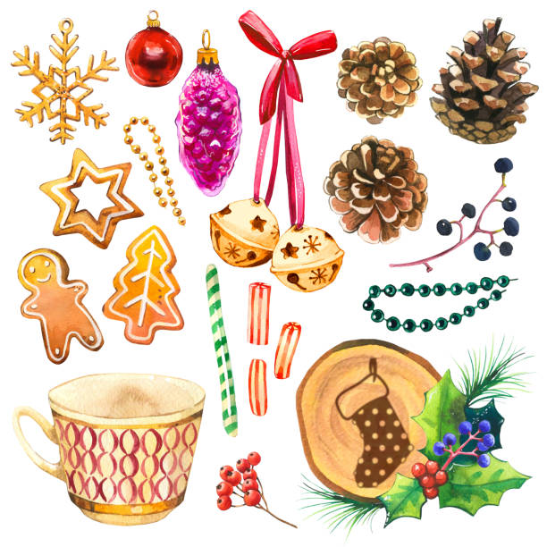 illustrations, cliparts, dessins animés et icônes de illustration aquarelle de noël dans un style pittoresque. ensemble de vacances. avec ruban, bell, orange, holly, coupe, perles, cookies, boule, branche, épinette, friandises. décoration de la nouvelle année. - bell christmas holly drawing