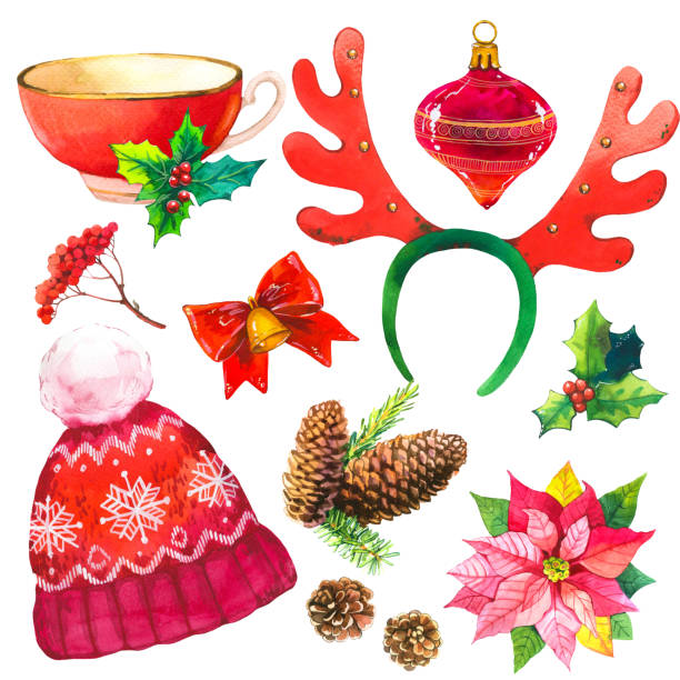 illustrations, cliparts, dessins animés et icônes de illustration aquarelle de noël dans un style pittoresque. ensemble de vacances avec ruban, poinsettia, cône, bell, holly, coupe, chapeau, boule, branche, épinette. décoration de la nouvelle année. - bell christmas holly drawing