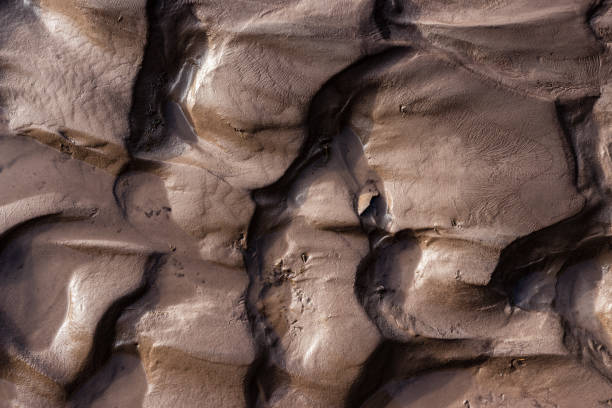 margem do rio glacial com barro molhado preto silte areia - silt sand textured black sand - fotografias e filmes do acervo