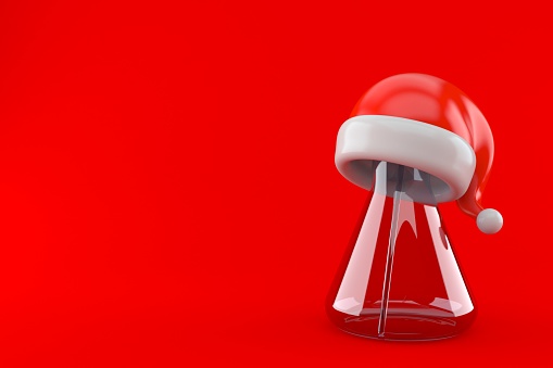Chemistry flasks with santa hat isolated on red background. 3d illustration