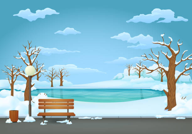 冬の日の公園。背景に凍った湖でのアスファルト歩道上ゴミすることができますし、通りランプと木製のベンチ。 - snow winter bench park点のイラスト素材／クリップアート素材／マンガ素材／アイコン素材