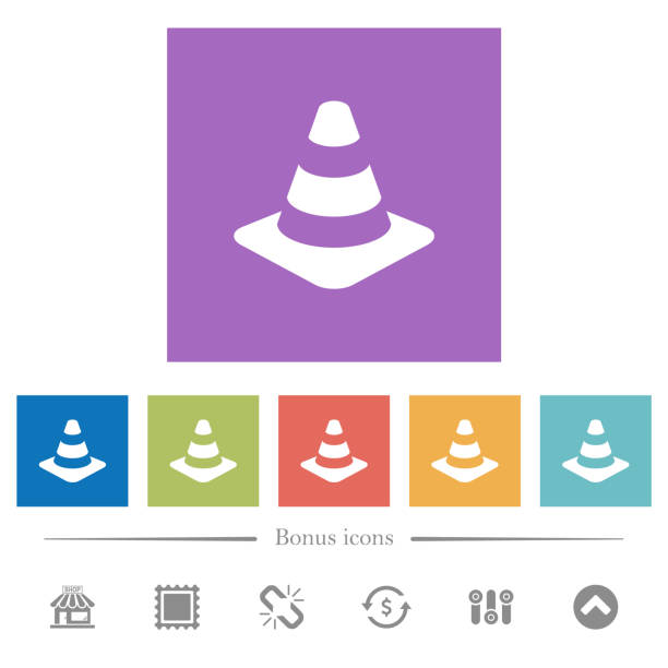 Traffic cone flat white icons in square backgrounds Traffic cone flat white icons in square backgrounds. 6 bonus icons included. road chevron warning signs stock illustrations